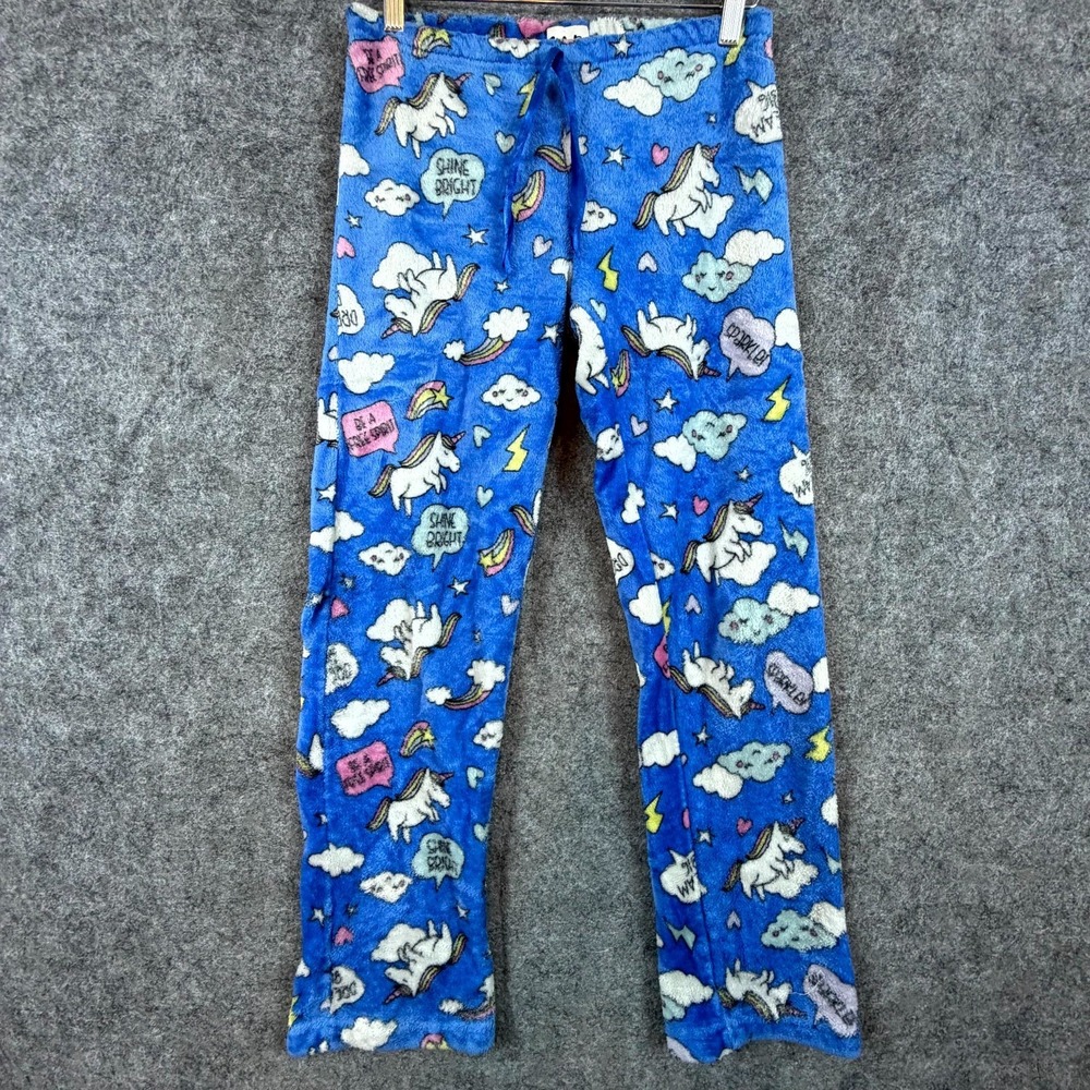 Saturdaze Pajama Pants Womens Medium Blue Fleece Unicorn Rainbow Clouds Print